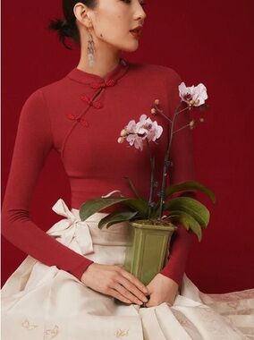NWT OGL Red Mandarin Collar Top Size XL
